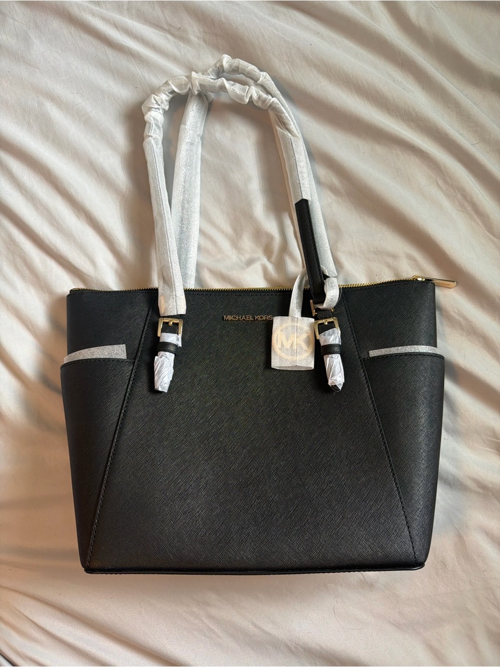 Michael Kors Black Structured Saffiano Tote with Gold Accents